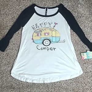 Boutique T-Shirt Black and White 3/4 Sleeve Tee with Vintage Camper Design